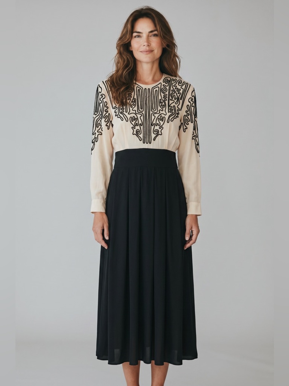Nancy Johnson Vintage Long Sleeve Silk Piped Embroidered Dress Size 6